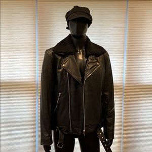 Men’s 100% leather borg biker jacket NWT